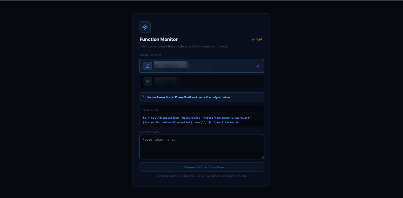 Azure Monitor connect screen, dark theme