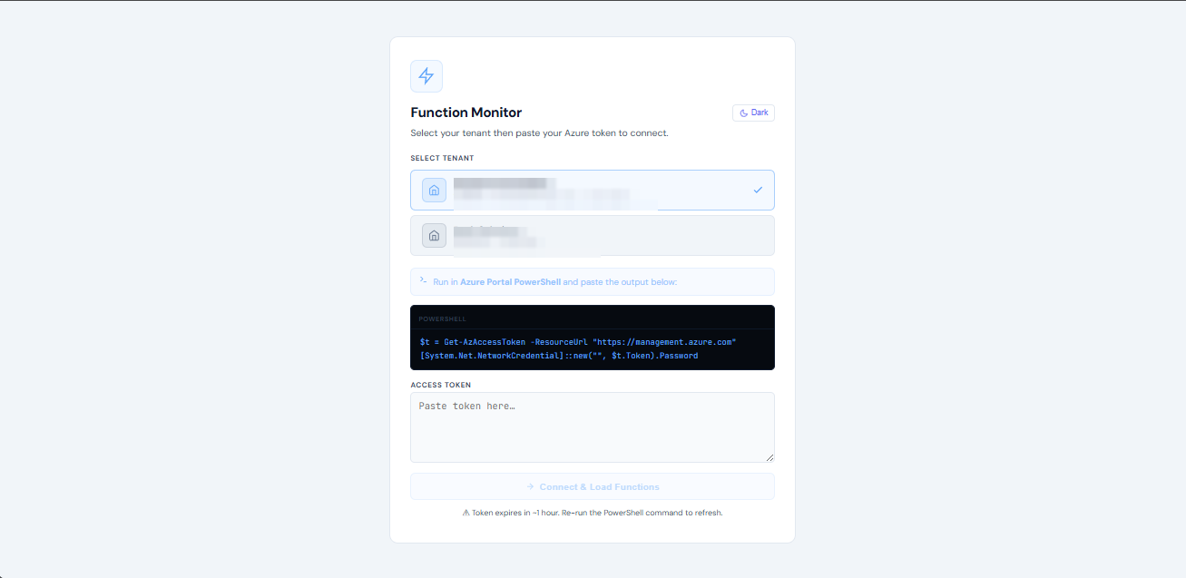 Azure Monitor connect screen, light theme