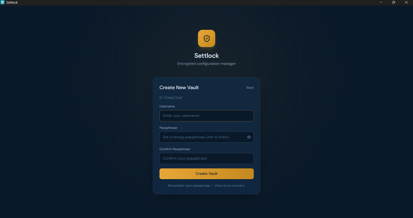 Creating a new encrypted vault in SettLock