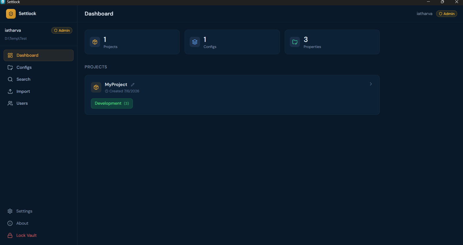 SettLock dashboard showing projects, configs and properties