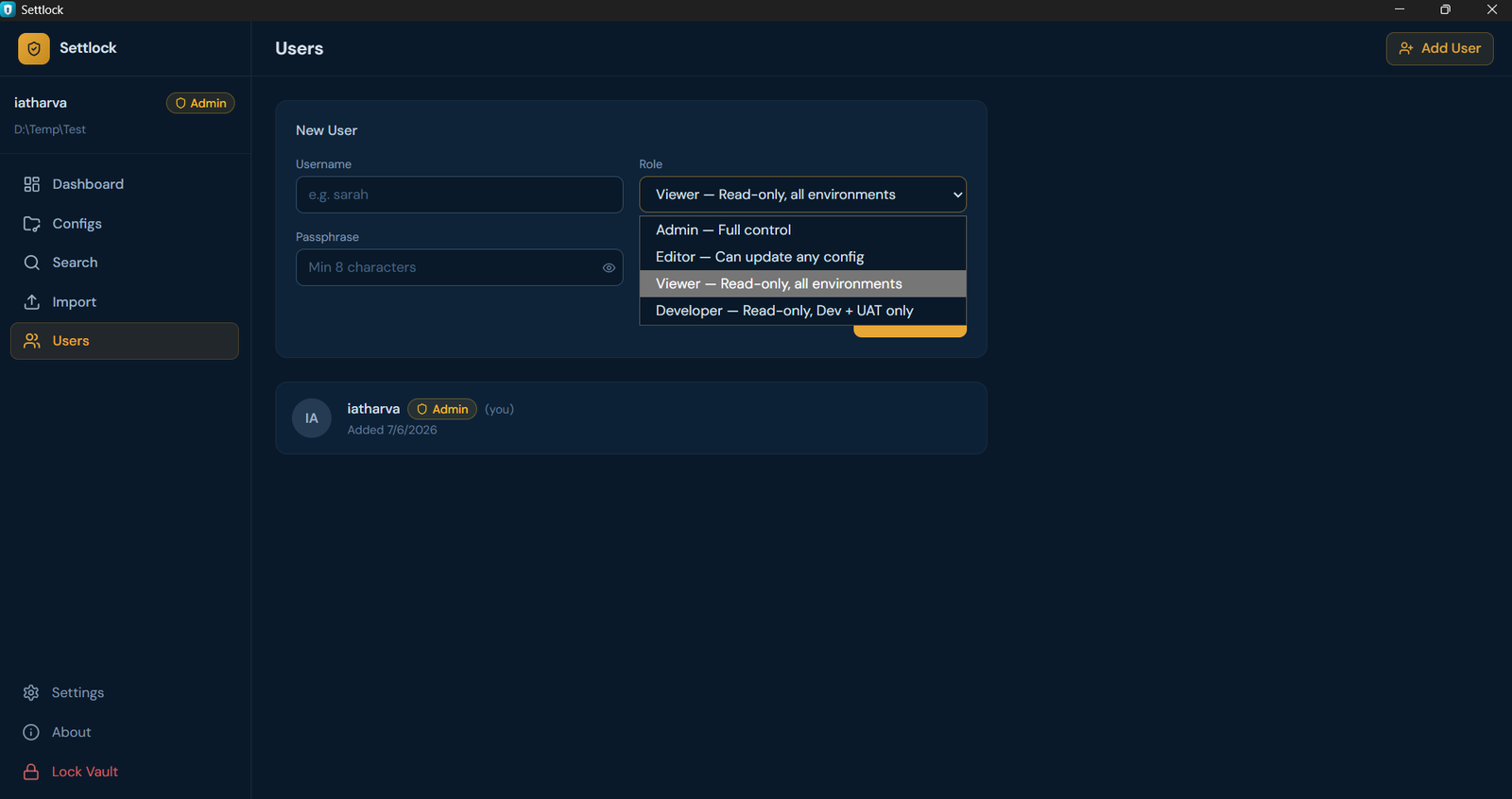 SettLock user management with role assignment